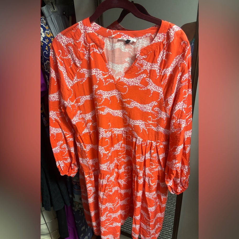 Michelle McDowell orange pink mini babydoll dress, long sleeve perfect for fall